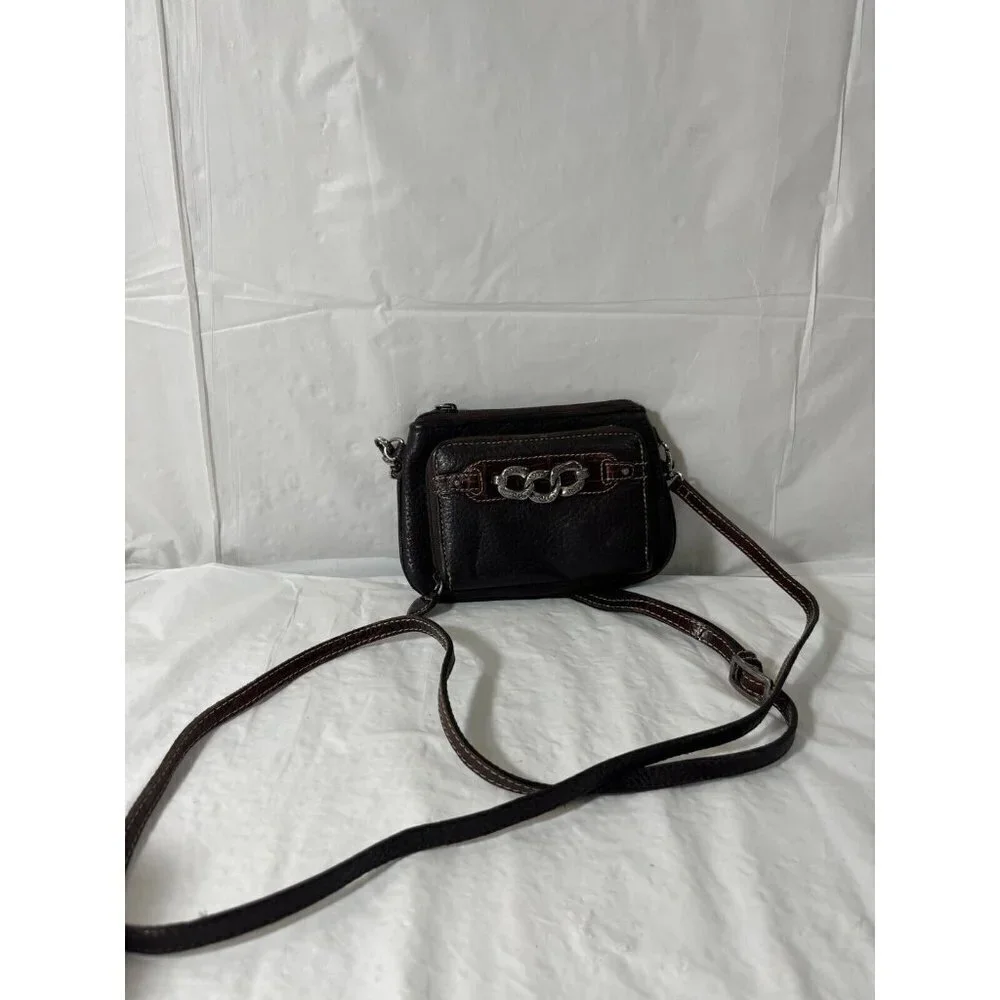 Brighton Crossbody Organizer Brown Pebbled Leather Decorative Chain Hardware